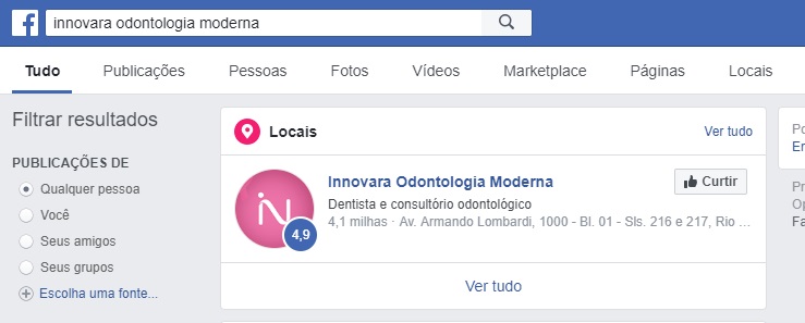 Captura de tela da busca do Facebook mostrando como resultado a página da Clínica Innovara | Tendências para 2019 Captura de tela da busca do Facebook mostrando como resultado a página da Clínica Innovara | Tendências para 2019